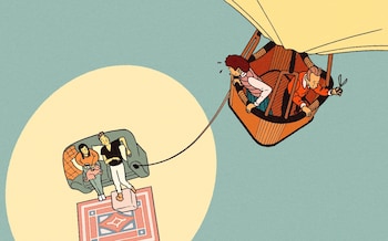 Illustration of parents in hot air balloon tethered to two children sitting on the sofa