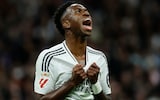 Real Madrid's Brazilian forward Vinicius reacts during the Spanish league football match between Real Madrid  and Barcelona at the Santiago Bernabeu stadium in Madrid on October 26, 2024. 