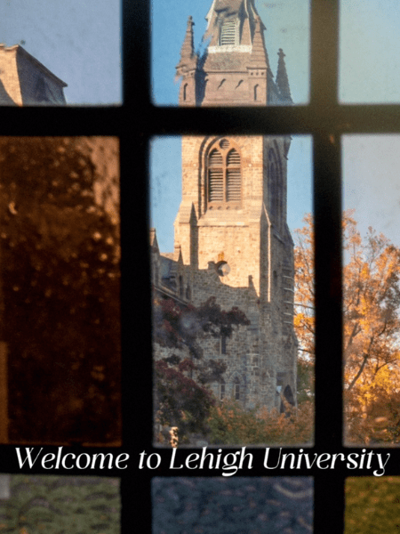 View of the University Center through a window of another building