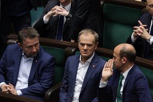 Pierwsze posiedzenie Sejmu X kadencji, posowie KO Marcin Kierwiski, Donald Tusk, Borys Budka