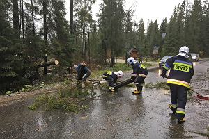 Bukowina Tatrzaska, stra poarna usuwa poamane drzewa i gazie z drg Podhala . Nad Polsk przeszed orkan Grzegorz .