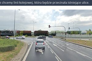 Rondo dzwon, a w pobliu tory przecinajce Wyszogrodzk. To oczywicie fotomonta; gdyby rekomendowany wariant wszed w ycie, konieczna byaby budowa wiaduktu - jest o nim mowa w opisie wariantu