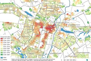 Wskanik zazielenienia opracowany wycznie dla zamieszkanych czci miasta. Obliczenia dla okrgw o promieniu 200 m