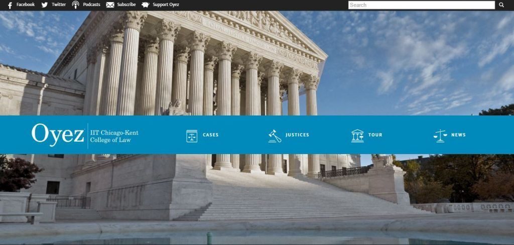 Screen shot of the Oyez website menu with courthouse in the background