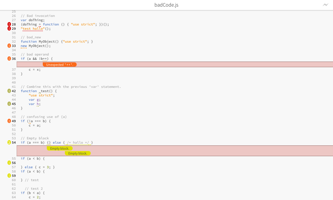 A screenshot of Brackets with this extension showing JSlint errors inline in the code.