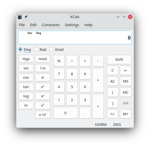 Xanela de KCalc en modo científico