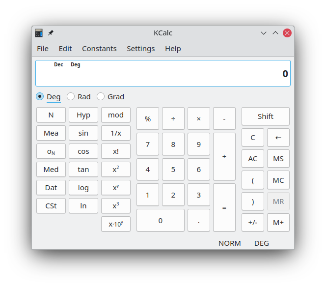 Xanela de KCalc en modo estatístico