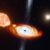 An artist’s impression of V404 Cygni: the central black hole (black dot) is in the process of consuming a nearby star (orange body at left), while a second star (upper white flash) orbits at a much farther distance. Image credit: Jorge Lugo.