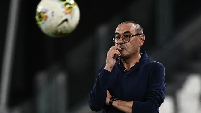 Juventus' Italian coach Maurizio Sarri looks on during the Italian Serie A football match Juventus vs Sampdoria played behind closed doors on July 26, 2020 at the Allianz Stadium in Turin. (Photo by MARCO BERTORELLO / AFP)