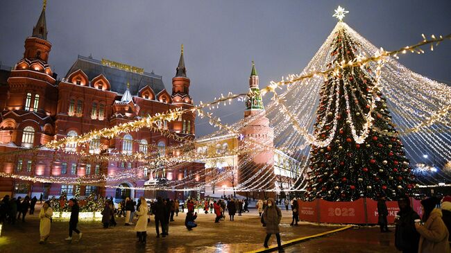 Новогодняя елка с гирляндами на Манежной площади в Москве