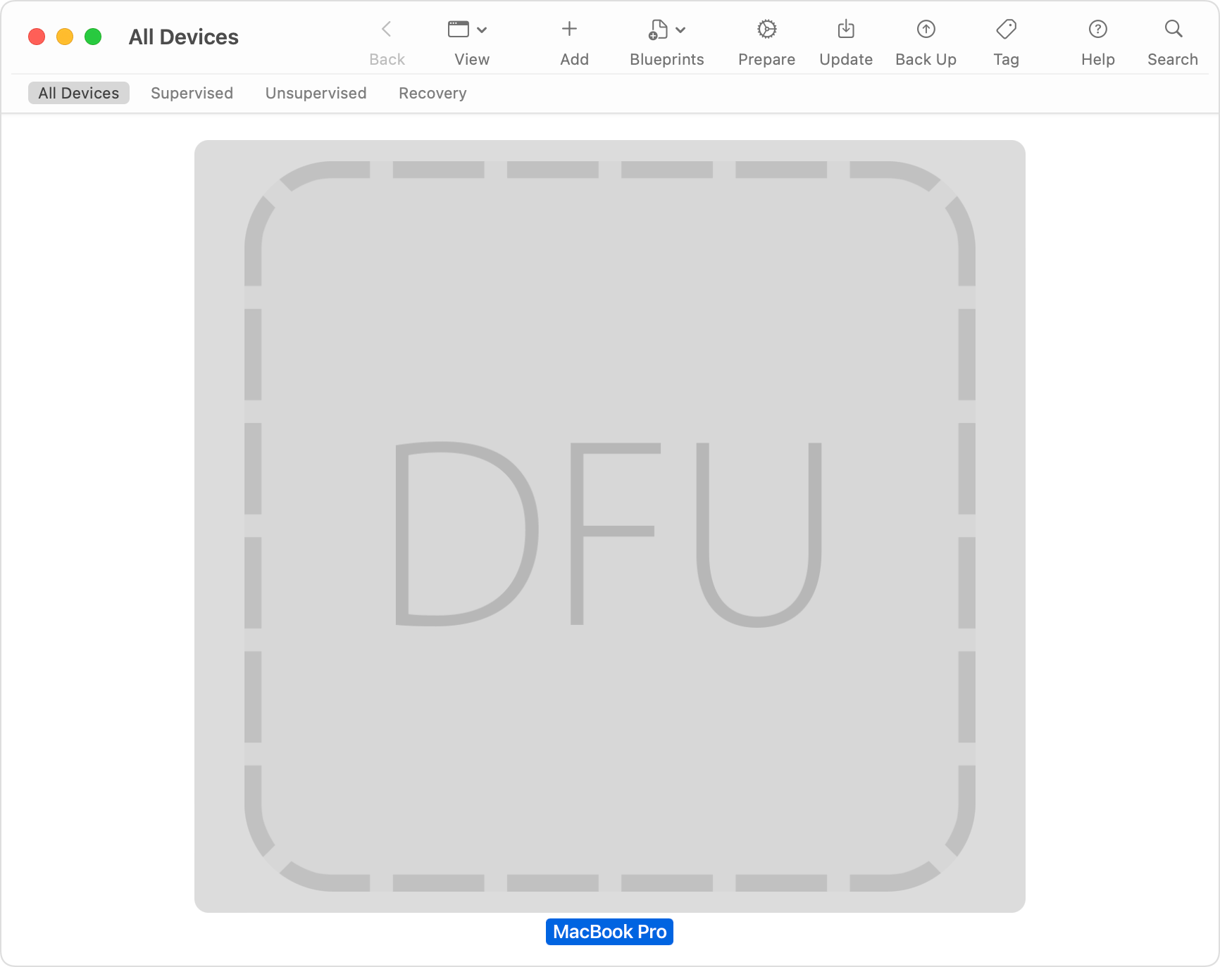 Apple Configurator window showing “DFU” selected for the affected Mac