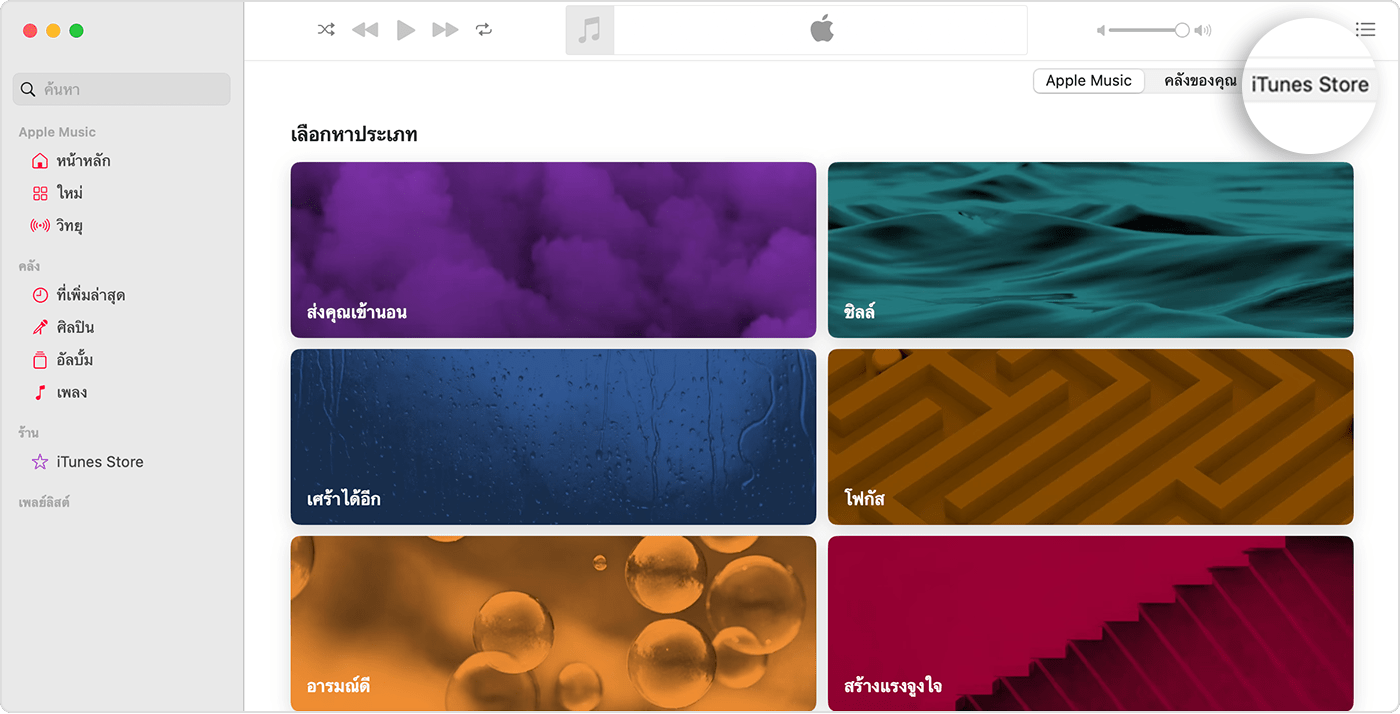แอป Apple Music สำหรับ Mac ที่เปิดเลือกหาหมวดหมู่อยู่ ในมุมขวาบนจะมีตัวเลือกสำหรับ Apple Music, คลังของคุณ และ iTunes Store และระบบจะเลือก iTunes Store ไว้อยู่