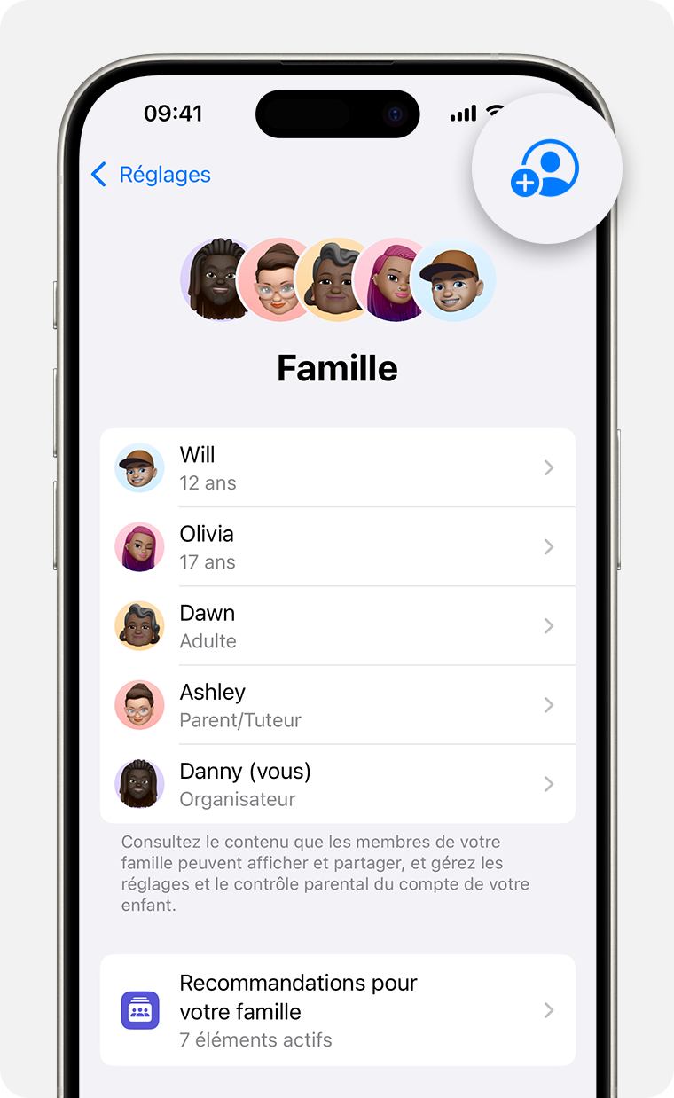 Réglages de l’iPhone affichant les réglages Famille, avec le bouton Ajouter un membre mis en évidence