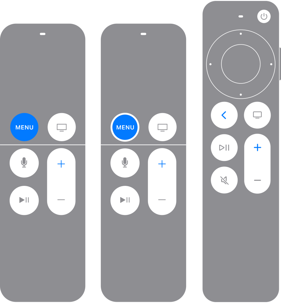 Apple TV Remote 的返回（或 Menu（選單））和調高音量按鈕醒目顯示為藍色