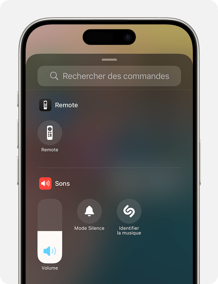 Sous-fenêtre Rechercher des commandes du centre de contrôle d’iOS 18