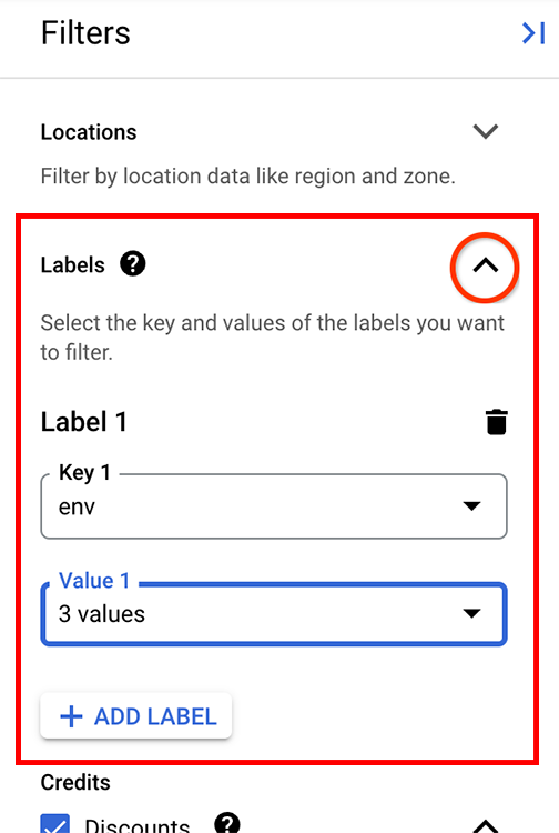 Setting the Labels filters in the filters panel.