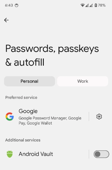 The Passwords, passkeys, and autofill settings screen