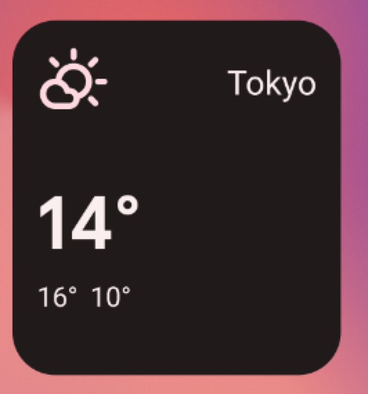 Esempio di widget meteo nella griglia più piccola 3 x 2, con il nome della località (Tokyo), la temperatura (14 °) e il simbolo che indica il tempo parzialmente nuvoloso