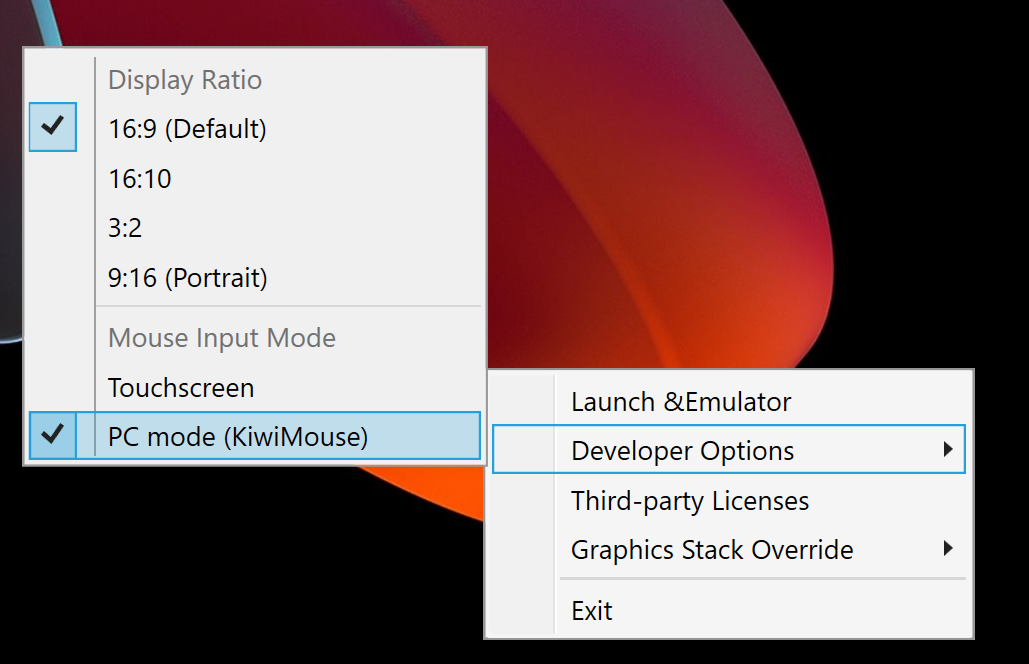 Screenshot della &quot;Modalità PC(KiwiMouse)&quot; selezionato nel menu contestuale