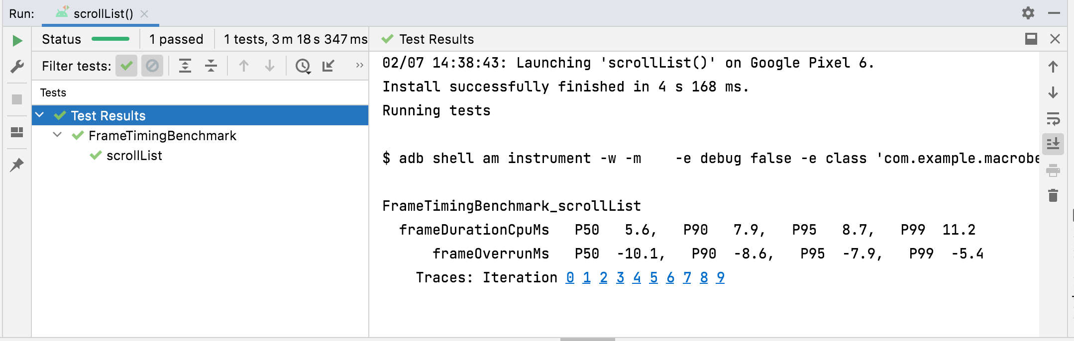 FrameTimingMetric results