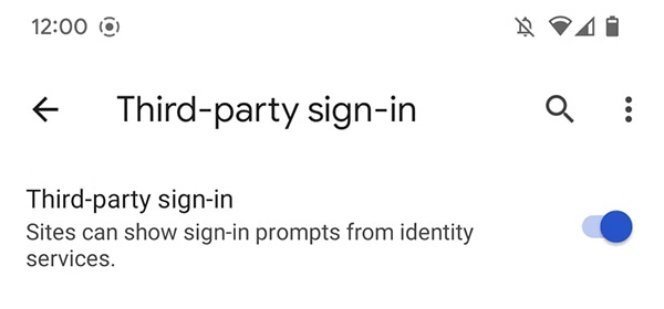 Enable FedCM in Chrome Settings on mobile by toggling on Third-party sign-in