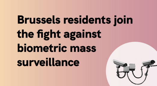 Pink shaded illustration bottom right two cameras inside a light pink circle. The text !Brussels residents join the fight against biometric mass surveillance"