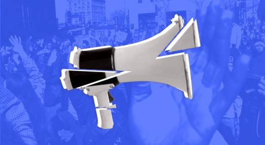 A blue background covers a photo with people protesting, in the foreground a broken megaphone