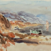 Image: Untitled (moored shantyboat), Harlan Hubbard, 1930s, watercolor and pencil on paper, original 8” x 5.5”, courtesy of the Caddell Collection.