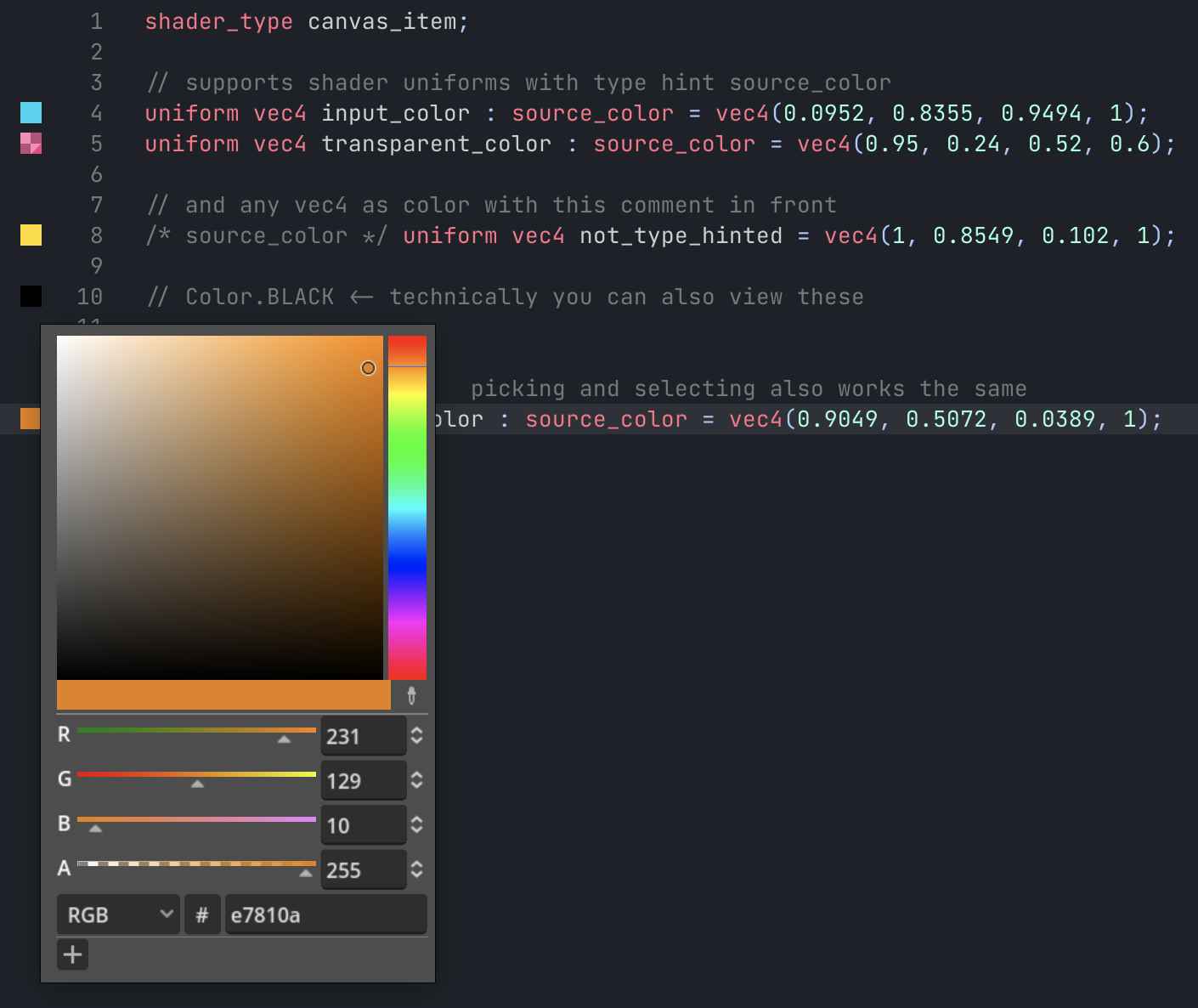 Color Preview in the shader editor