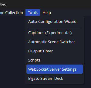 screenshot of the OBS tools menu showing WebSocket Server Settings