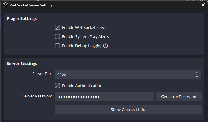 screenshot of the WebSocket Server Settings modal window