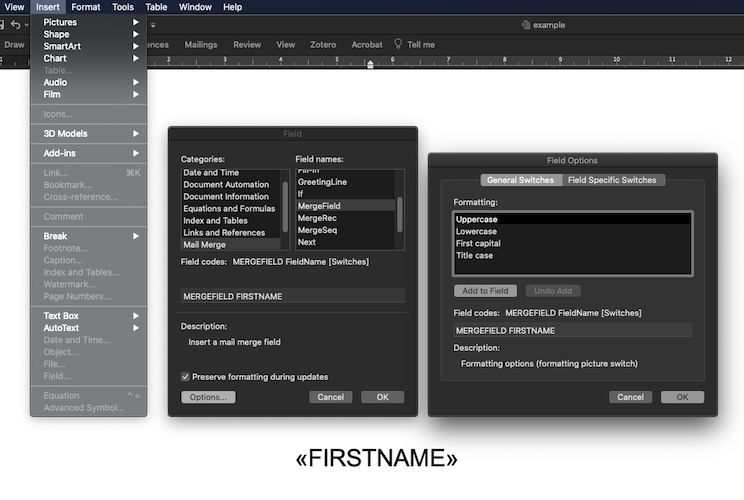 Go to Insert, Field, select Mailmerge and Mergefield, and additional options