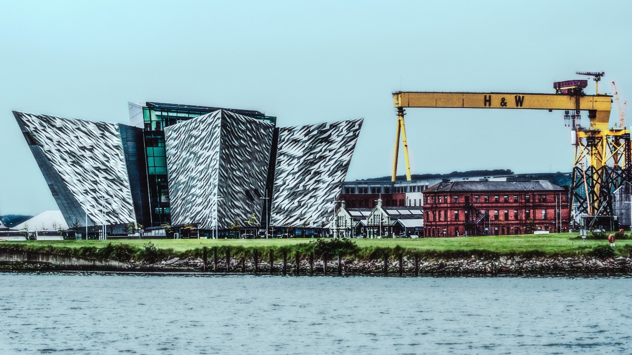 Titanic Museum with Harland and Wolff crane in Belfast