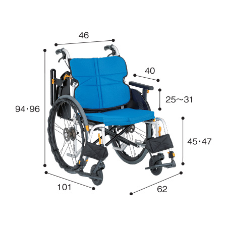 車いす自走式（じそうしき） ネクストコアワイド NEXT-52BHB サイズ：全高：94・96㎝、全長：101㎝、全幅：62㎝、前座高：45・47㎝、肘掛け高（ひじかけだか）：25～31㎝