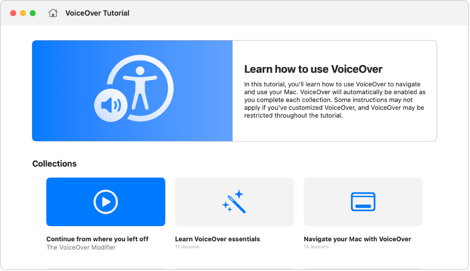 El tutorial interactiu del VoiceOver amb informació per aprendre a utilitzar-lo.