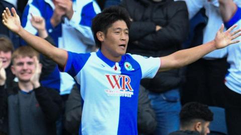 Yuki Ohashi of Blackburn Rovers celebrates scoring his team's third goal of the match to make the score 3-0  14 Sep 2024