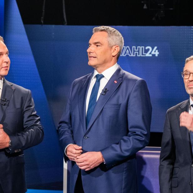 SPÖ-Chef Andreas Babler, Bundeskanzler Karl Nehammer und FPÖ-Chef Herbert Kickl im Rahmen einer ORF TV-&quot;Elefantenrunde&quot; vor der Nationalratswahl 2024.