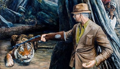 Jim Corbett se enfrenta a la tigresa devoradora de hombres de Champawat, en una pintura de David Southgate.