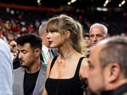 Taylor Swift en el estadio Allegiant tras la victoria de los Kansas City Chiefs del LVIII Supertazón, en Las Vegas, Nevada, el 11 de febrero.