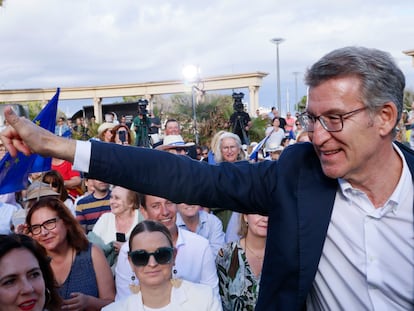 PALMA DE MALLORCA, 02/06/2024.- El presidente del PP, Alberto Núñez Feijóo, participa en el acto central de la campaña de su partido en Baleares para las elecciones europeas del 9 de junio.- EFE/Cati Cladera
