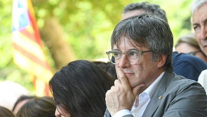 El expresidente de la Generalitat Carles Puigdemont en un acto organizado por Junts en Amélie-les-Bains-Palalda (Francia)