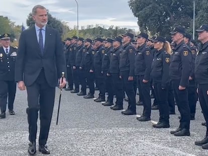 El Rey pasa revista a los agentes formados esta mañana en Ávila. La imagen es un fotograma de un vídeo de la policía.