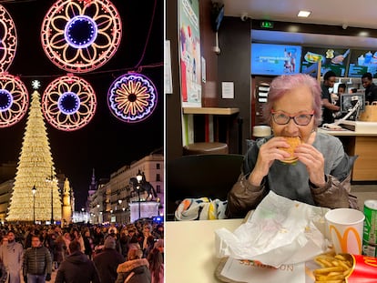 La puerta del Sol de Madrid, el sábado, y Elena, la madre, durante una cena de Nochebuena con su hija en el McDonald’s.