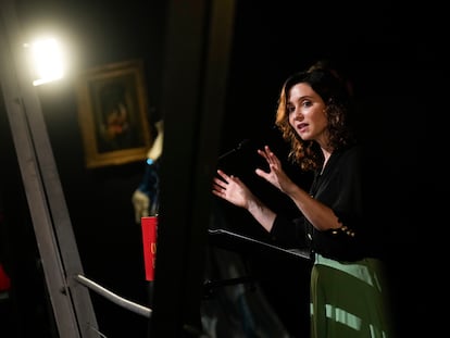 La presidenta de la Comunidad de Madrid, Isabel Díaz Ayuso, inaugura la muestra 'Lorenzo Caprile', un viaje por los vestidos más icónicos del modista, este martes, en la Sala Canal de Isabel II en Madrid.