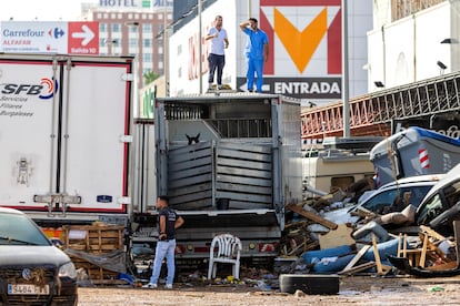 Un camión atrapado con varios caballos en su interior en el tramo de la V-31 junto al polígono comercial de Alfafar.