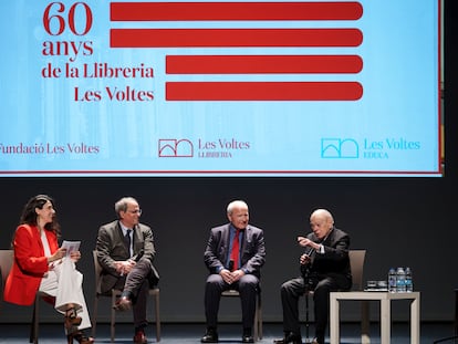 Els expresident Quim Torra (e), Jose Montilla (c) i Jordi Pujol, a la celebració de la Fundació Llibreria Les Voltes de Girona.