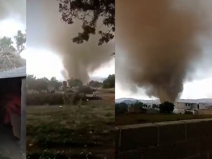 Fotograma de videos compartidos en redes sociales que captaron el tornado en Santa María Techachalco (Puebla) este sábado.