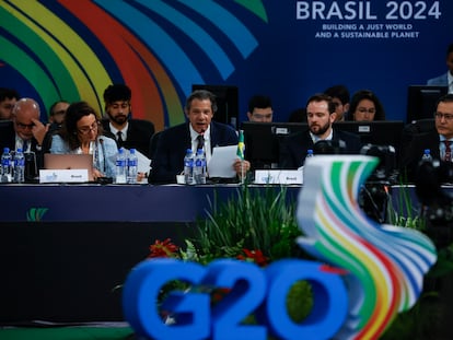 El ministro de Hacienda de Brasil, Fernando Haddad, durante una reunión de ministros de Economía del G-20, este jueves en São Paulo.