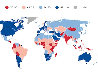 En rojo y salmón los países con las peores carreteras. Los círculos marcan la velocidad media (km/h).