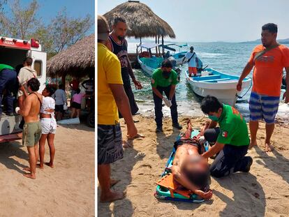 A la izquierda, una ambulancia transporta a uno de los turistas atacados, y a la derecha, uno de los argentinos es atendido por paramédicos.